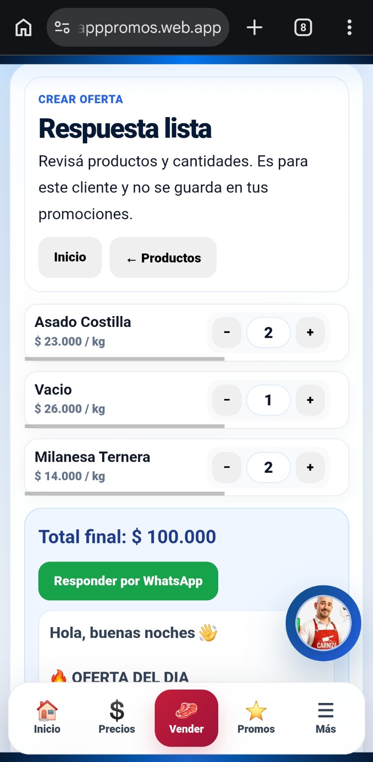 Respuesta real calculada en AppPromos con productos, cantidades, total y envío por WhatsApp