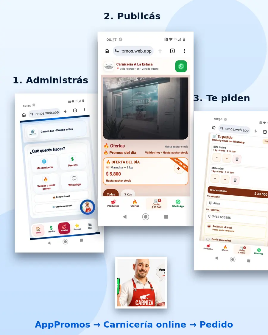 Tres pantallas reales: AppPromos, la carnicería A La Estaca online y el carrito del cliente